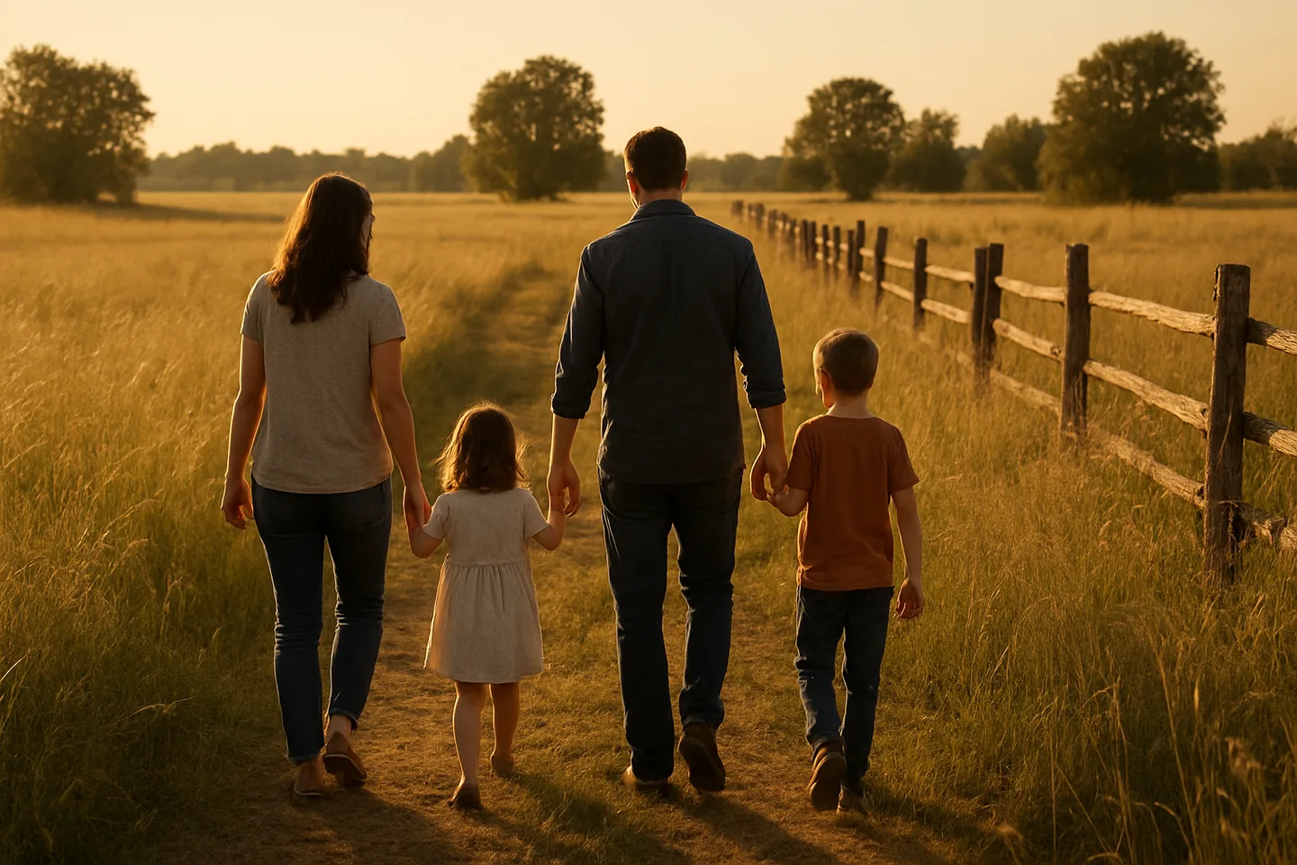 Family walking along inherited rural property