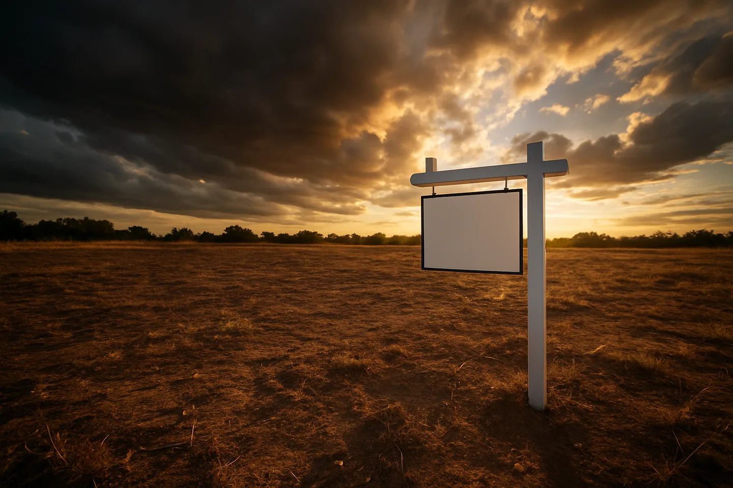 Vacant land parcel with real estate sign at golden hour