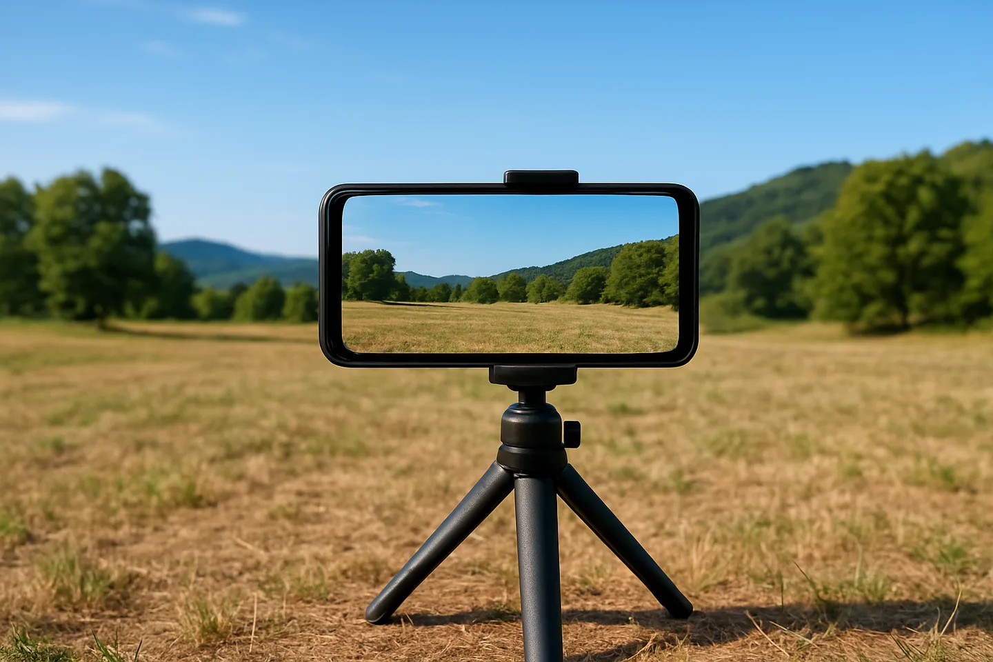Smartphone on tripod photographing a vacant land parcel