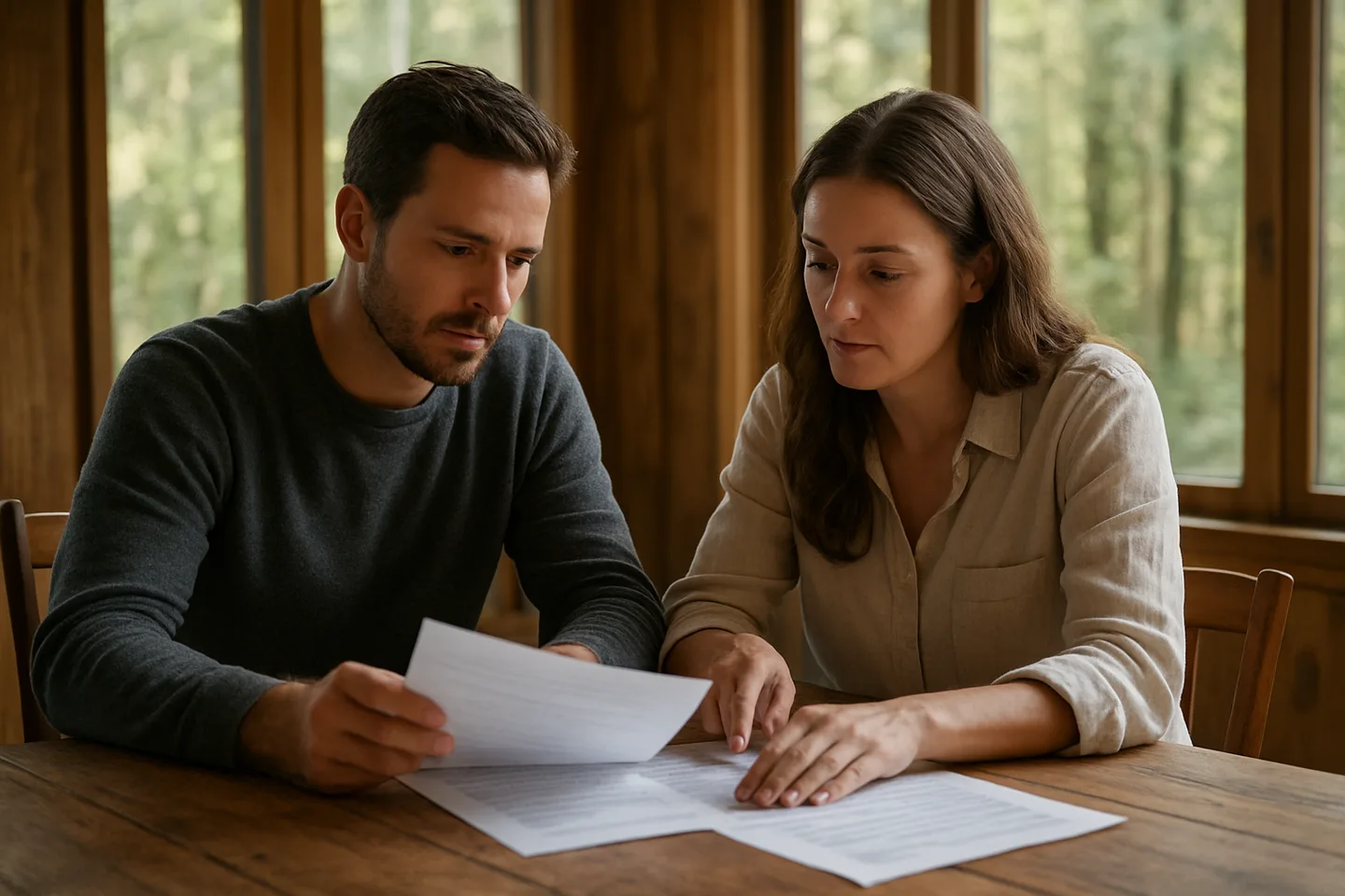 Two people reviewing land sale documents without a realtor