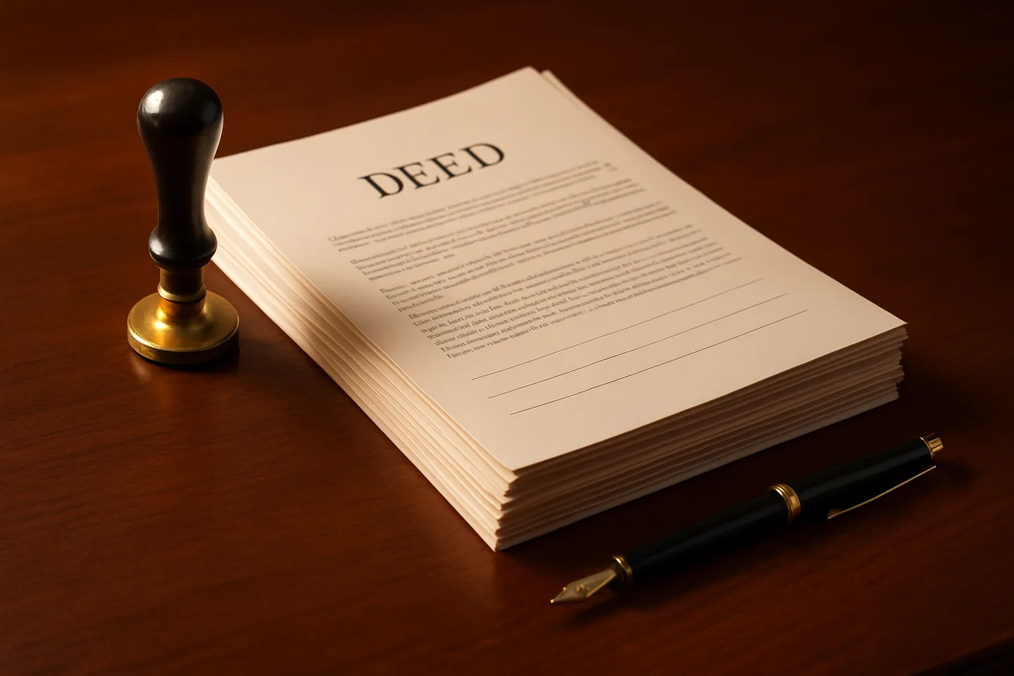 Legal land deed with notary stamp and fountain pen on desk
