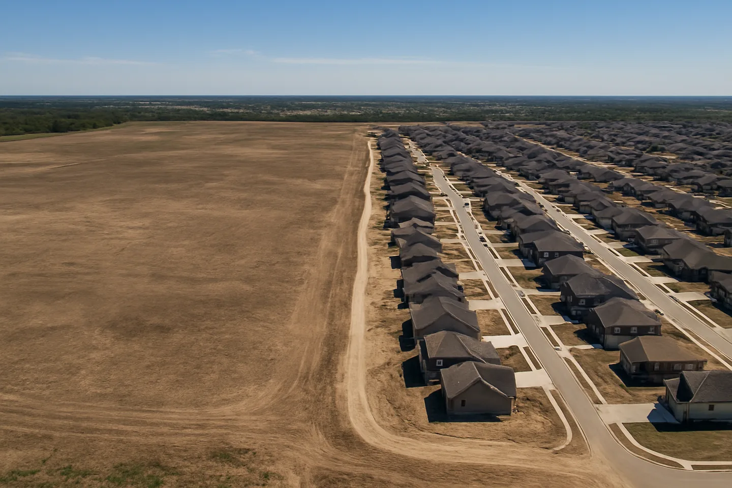 Aerial view of undeveloped land next to new construction