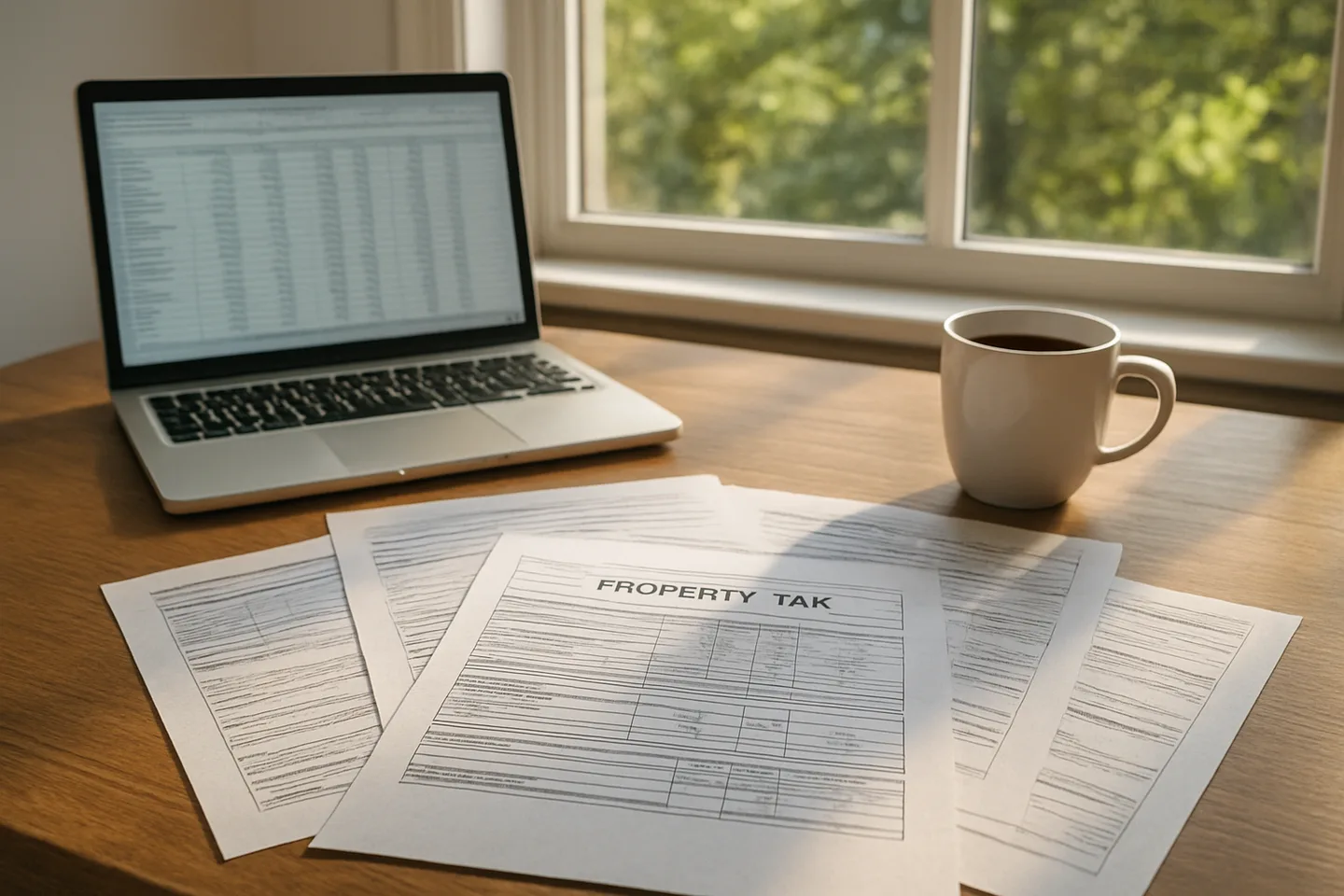 Property tax documents and laptop on a desk