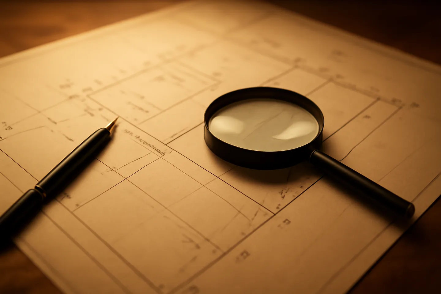 Property survey map and magnifying glass on a table