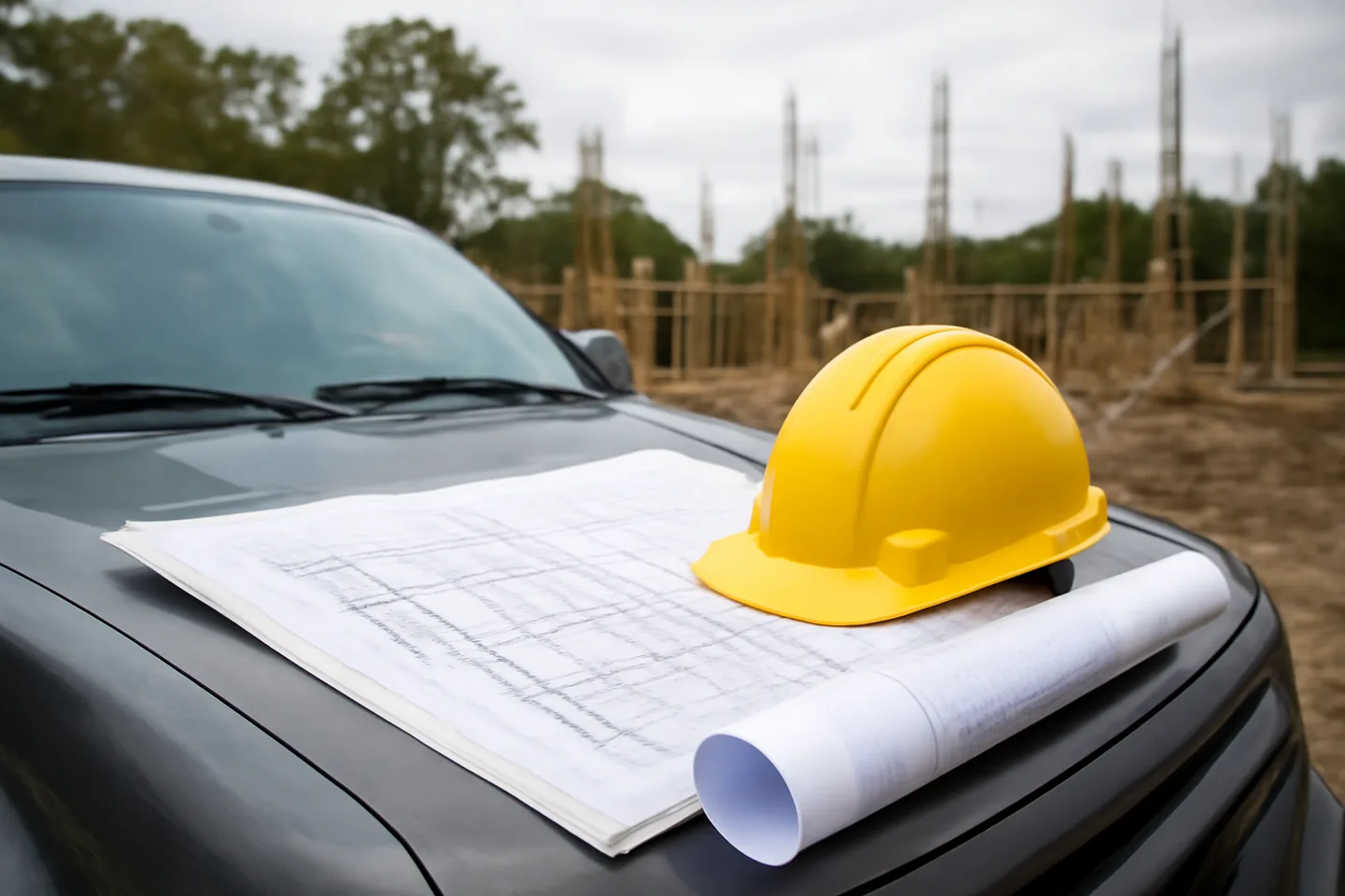 Blueprints and hard hat on a truck hood at a construction site