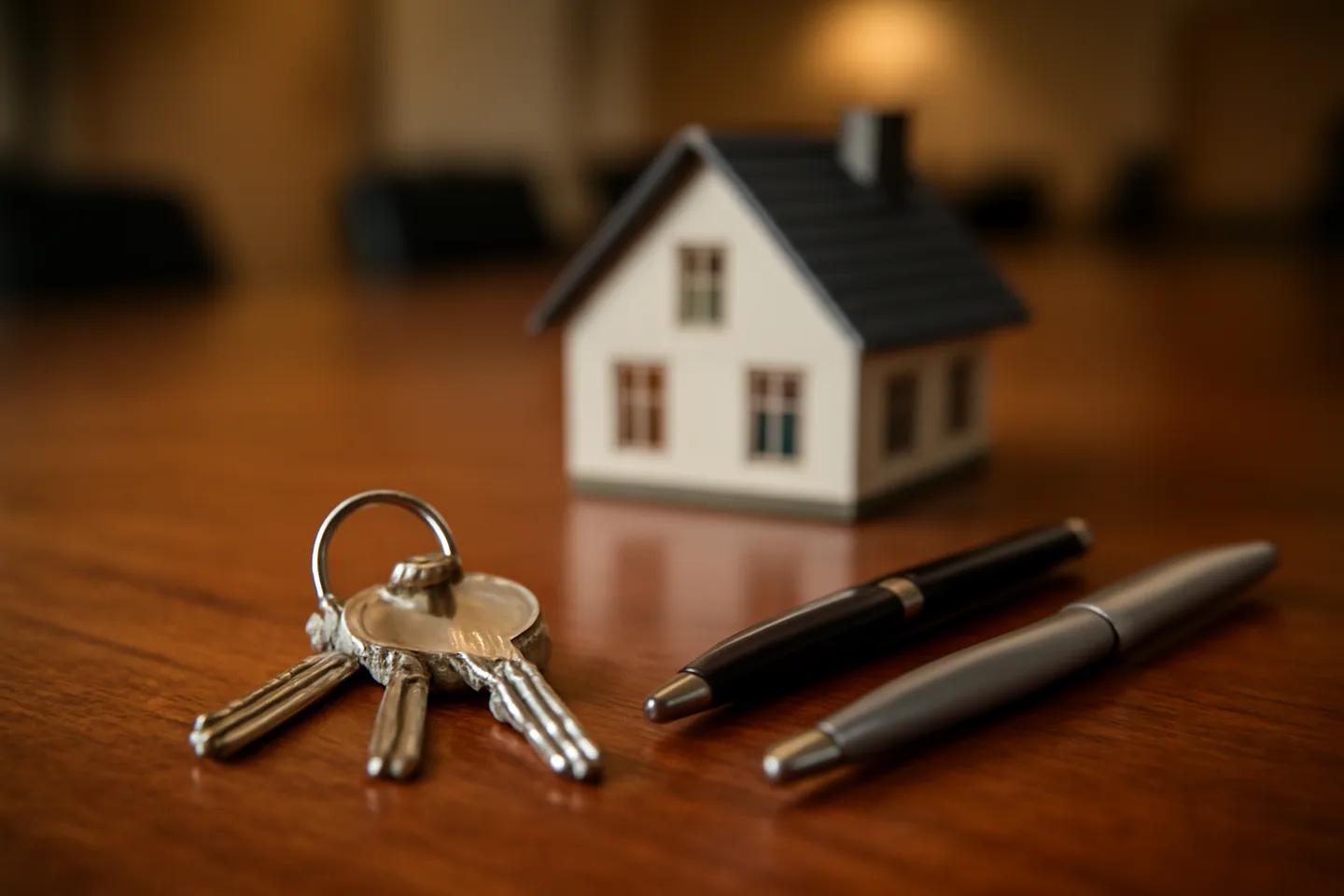 Property closing table with signed documents and keys from above