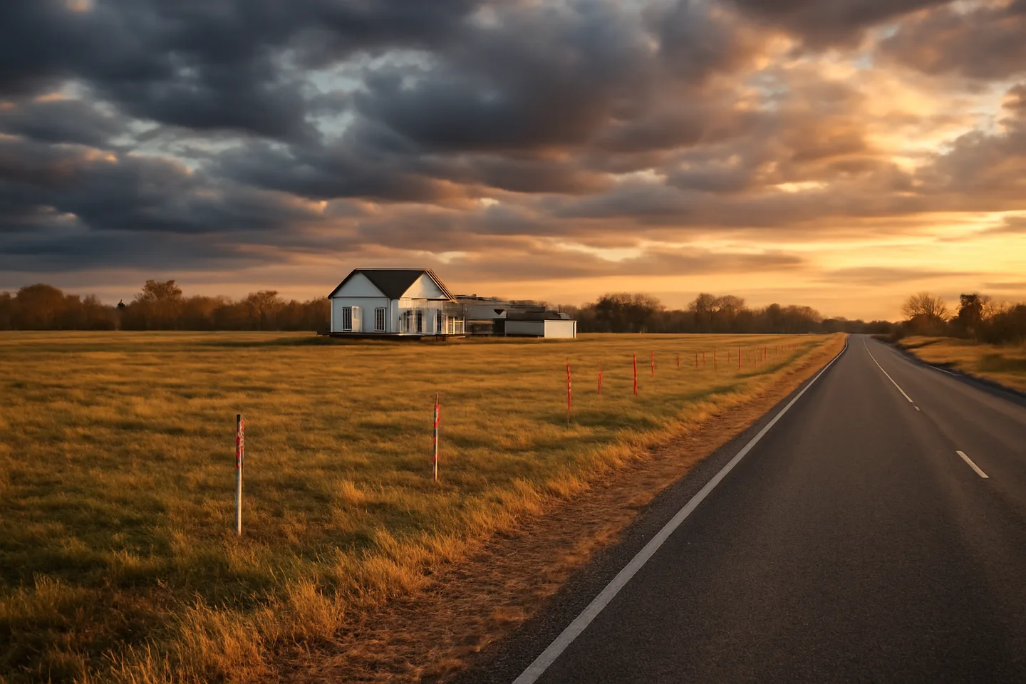 Rural property with survey stakes along a county road