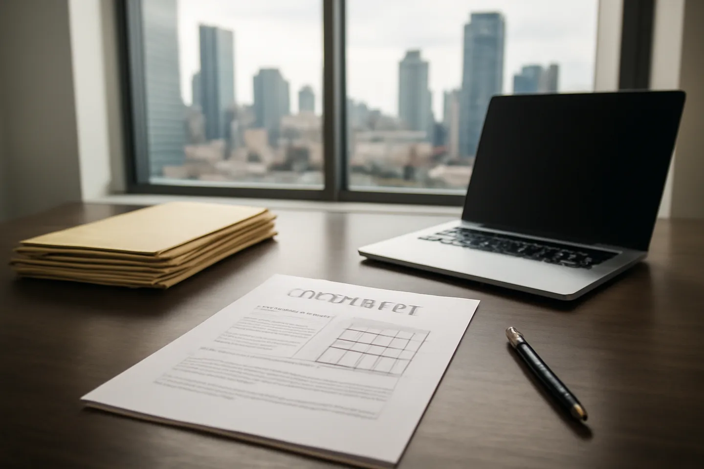 Professional office with property documents and city view