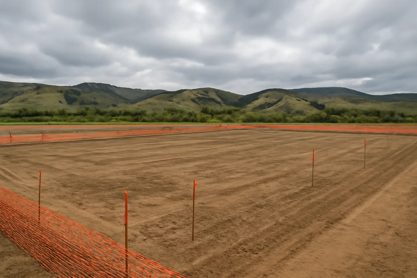 Graded construction lot with utility stakes